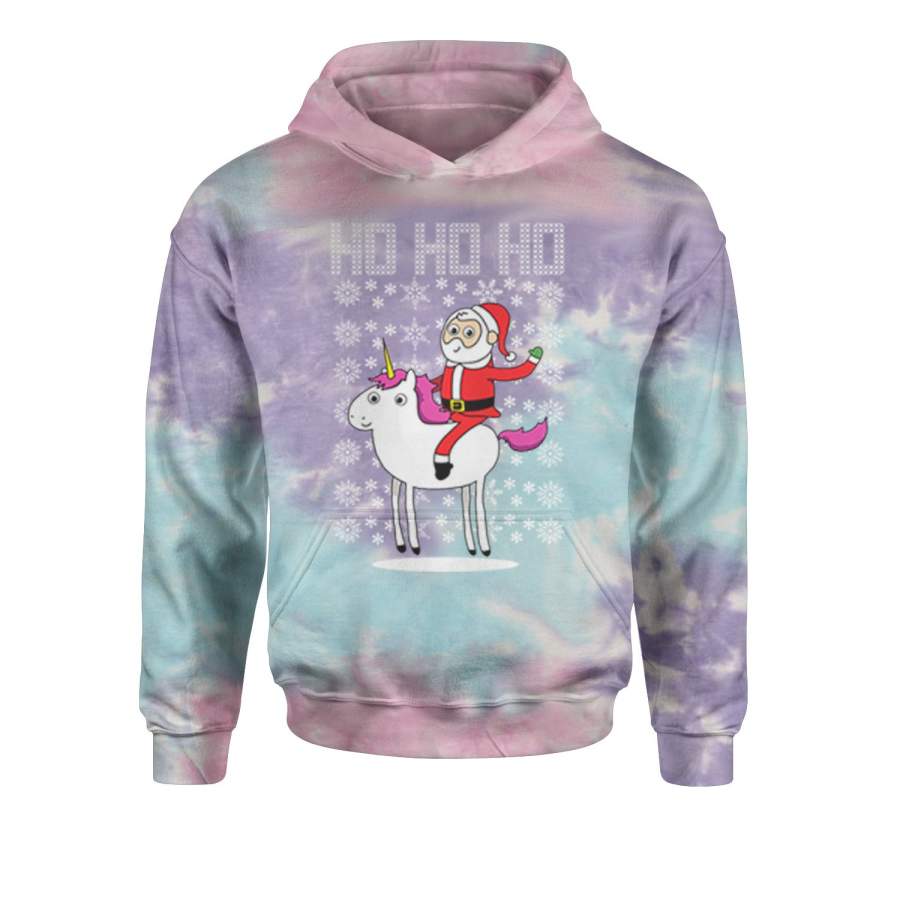 Ho Ho Ho Santa Riding A Unicorn Ugly Christmas Tie-Dye Youth-Sized Hoodie