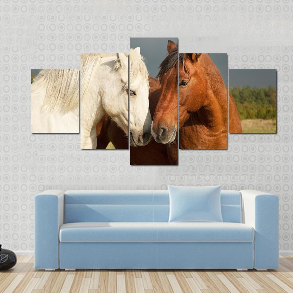 A Pair Of Horses Showing Affection Animal 5 Panel Canvas Art Wall Decor