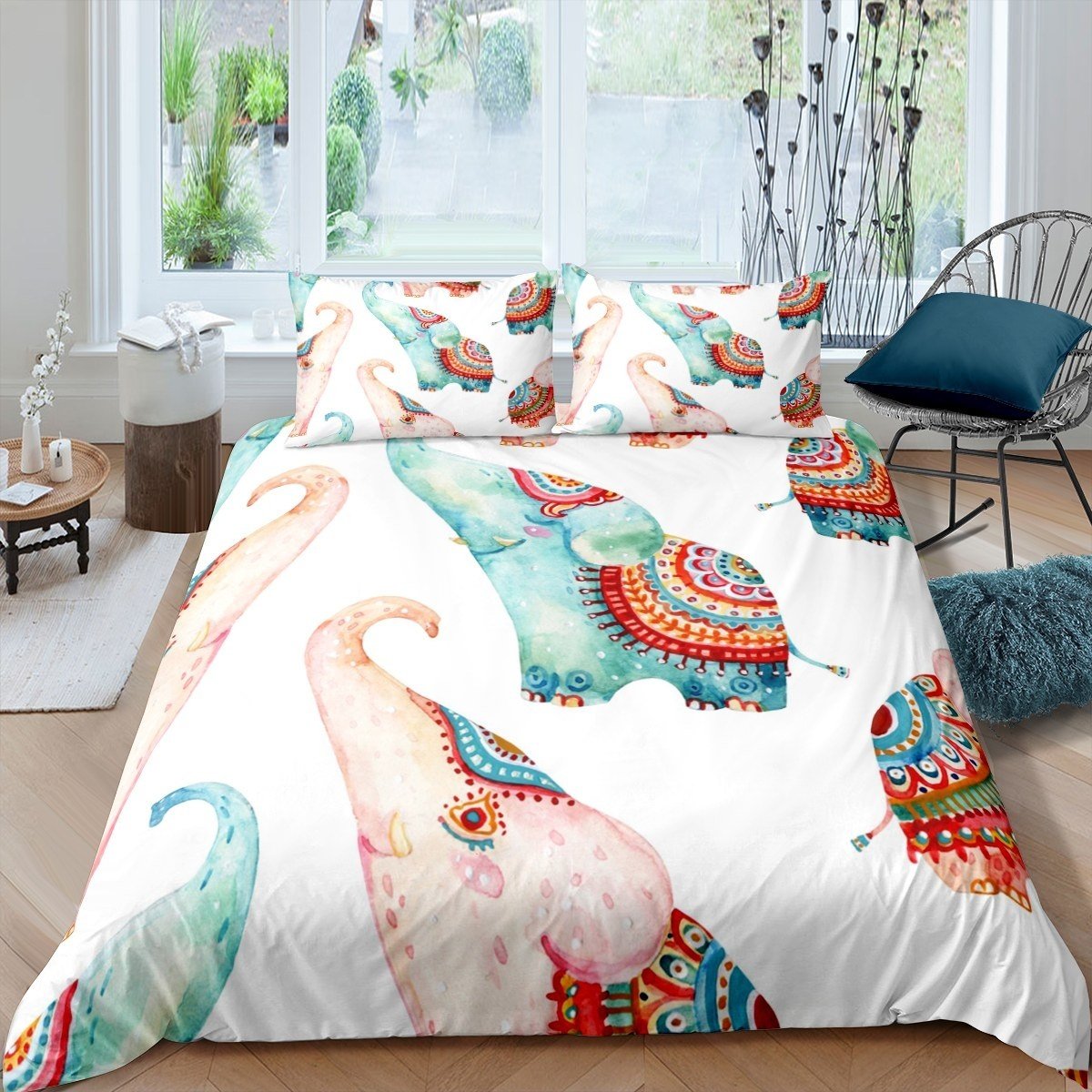 Bohemian Elephant Bedding Set for Kids Boys Teens Boho Exotic Style Duvet Cover 3D Elephant Print Comforter Cover Wild Animal Theme Quilt Cover,Room Decor 2/3Pcs Bedding