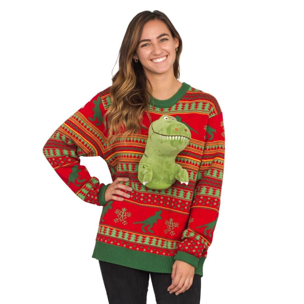 Women’S 3D T-Rex Plushie Ugly Christmas Sweater