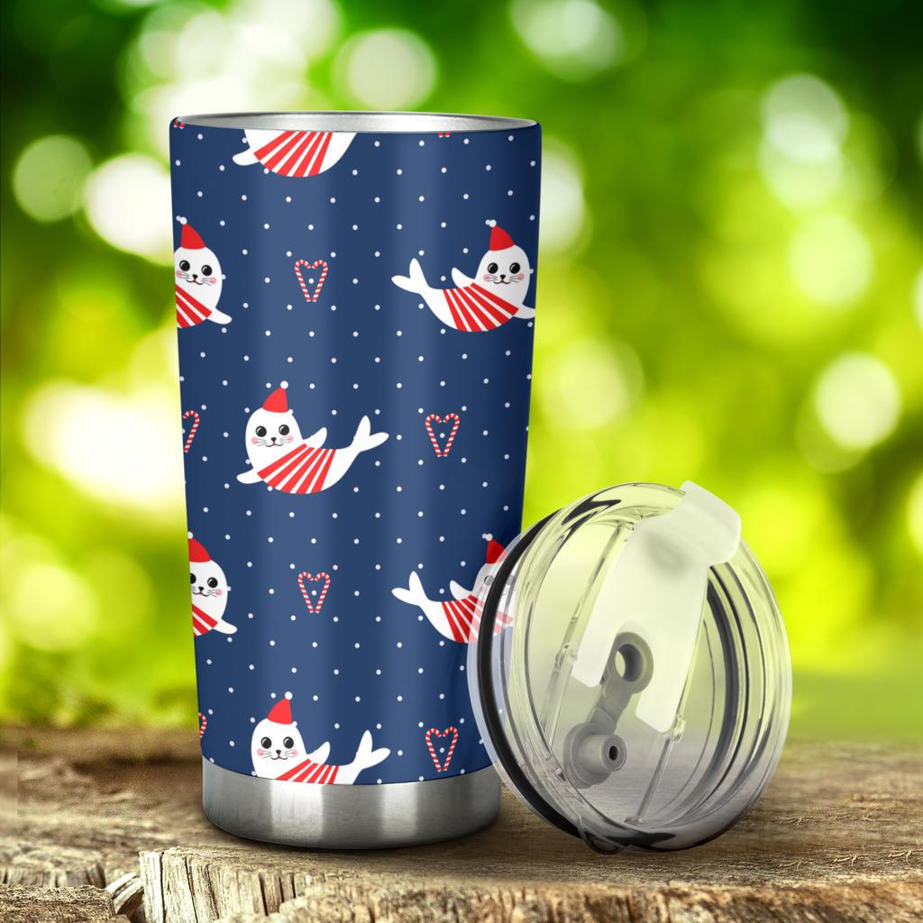 Cute Sea Lion Seal Christmas Hat Candy Cane Heart Pattern Tumbler