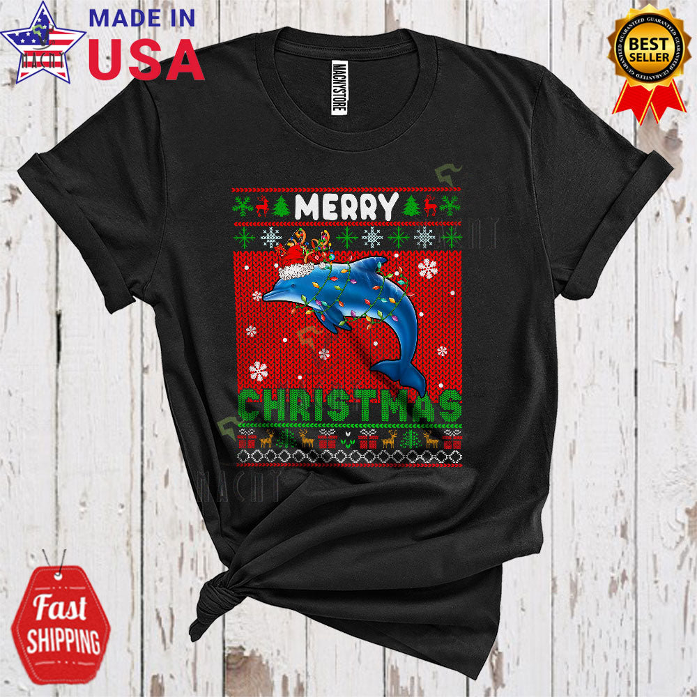 Merry Christmas Cute Cool Christmas Lights Tree Sweater Reindeer Santa Xmas Dolphin Fishing Lover T-Shirt