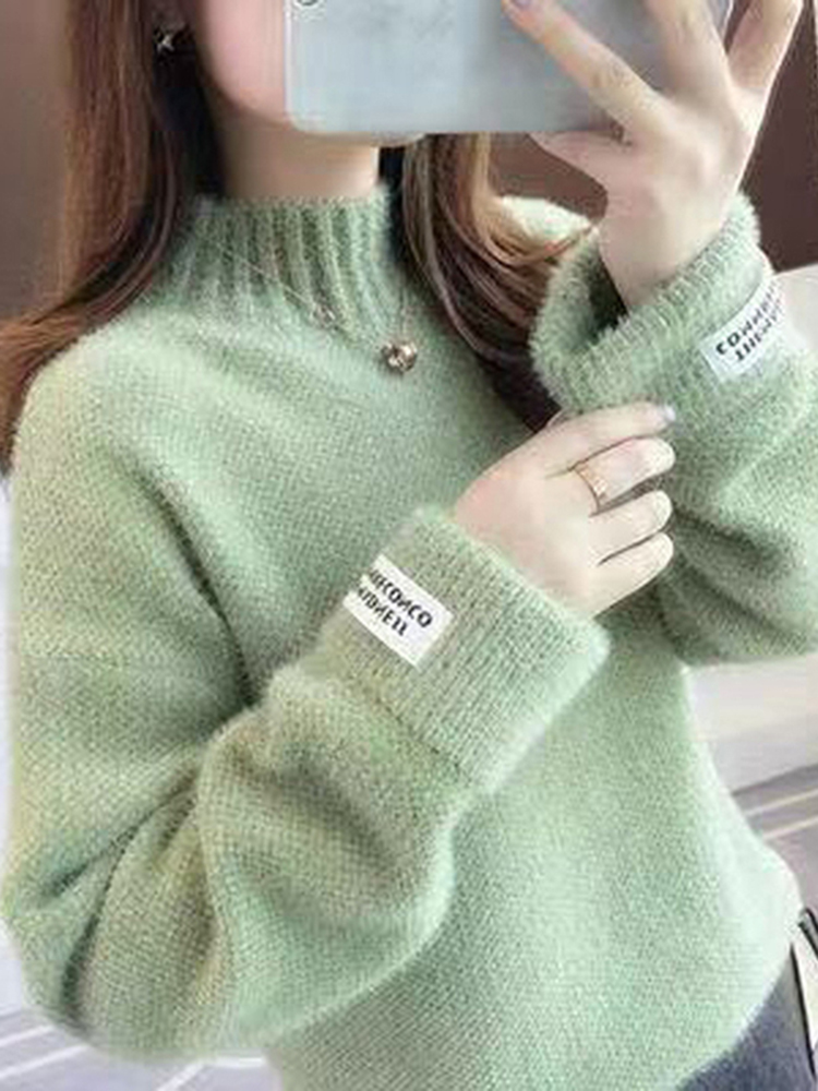 ZOKI Women Half Turtleneck Sweater Autumn Loose Wool Pullover Knitted Jumper Long Sleeve Letter Top Casual Warm Ladies Blouse alx