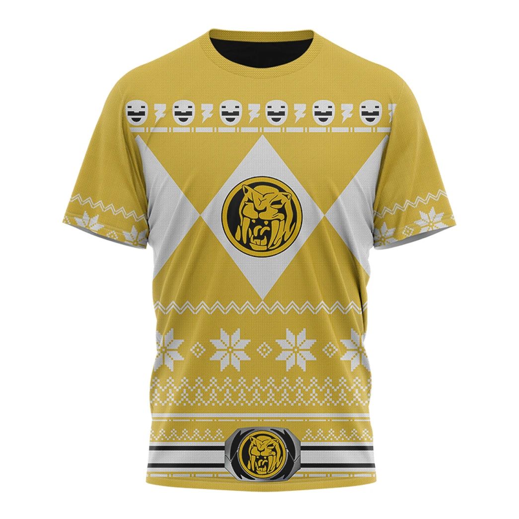 Alohazing 3D Mighty Morphin Yellow Power Rangers Ugly Christmas Custom T-Shirt