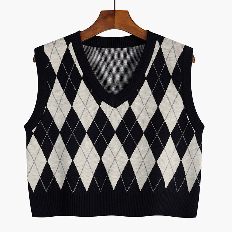 Argyle Sweater Vest Women Retro All-match V-neck Cropped Sweaters Korean Style High Street Classic Loose Knitting Vests Students alx