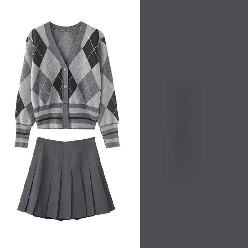 2023 Female Chic Retro Ins College Style Gray Knitted Cardigan + Pleated Short Skirt Girls Two Piece Suit alx