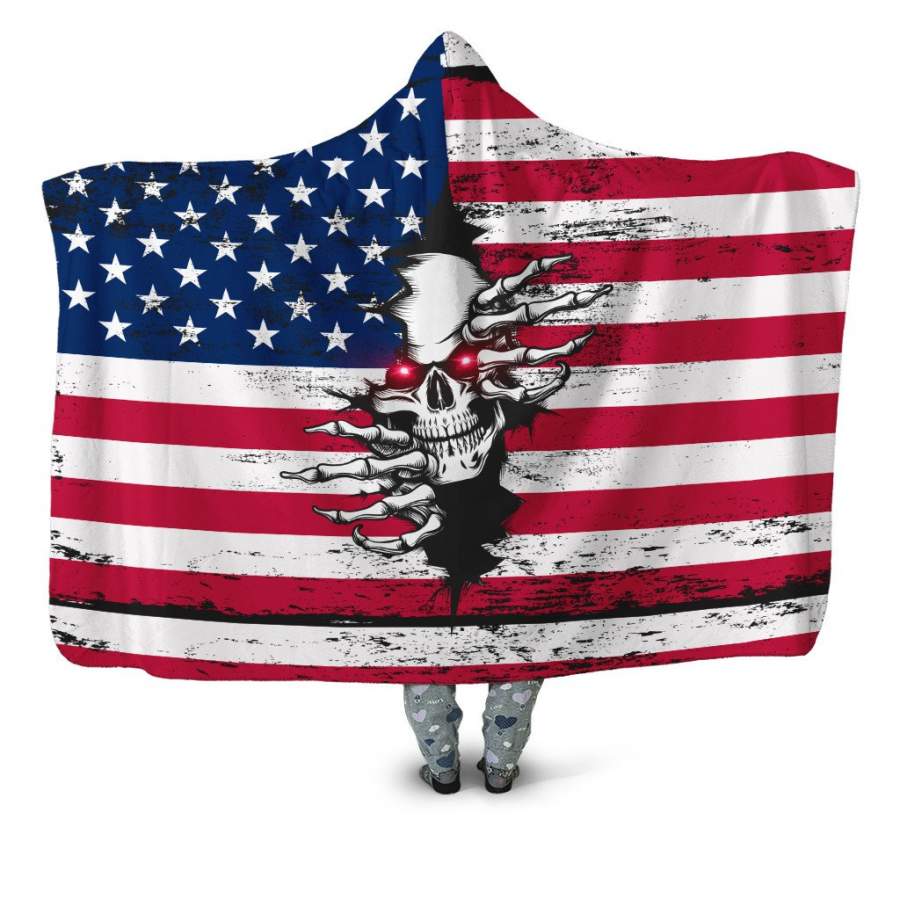 American Red Eyes Skull 3D Over Printed Unisex Hooded Blanket DQB10012001