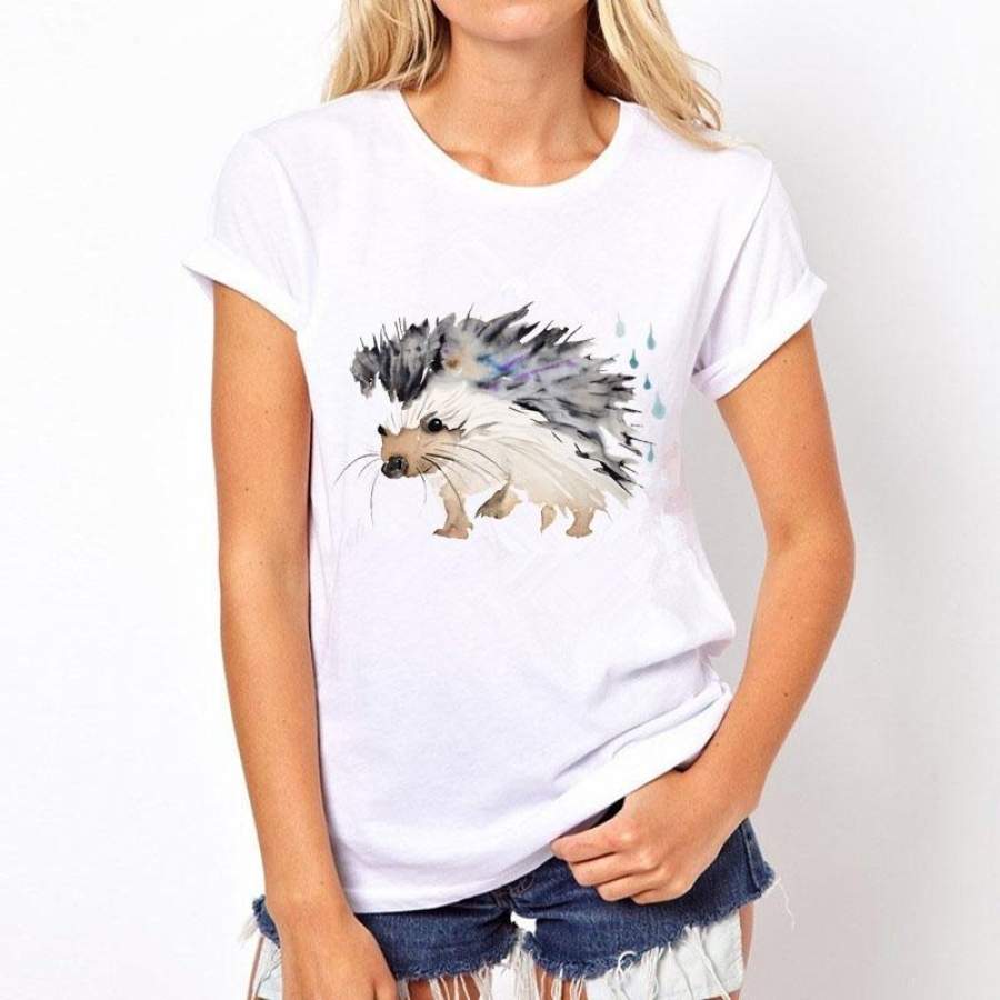 2018 Watercolor Painting Cat Panda Print White T Shirts Women Short Sleeve O-Neck T-Shirt Elephants Tops