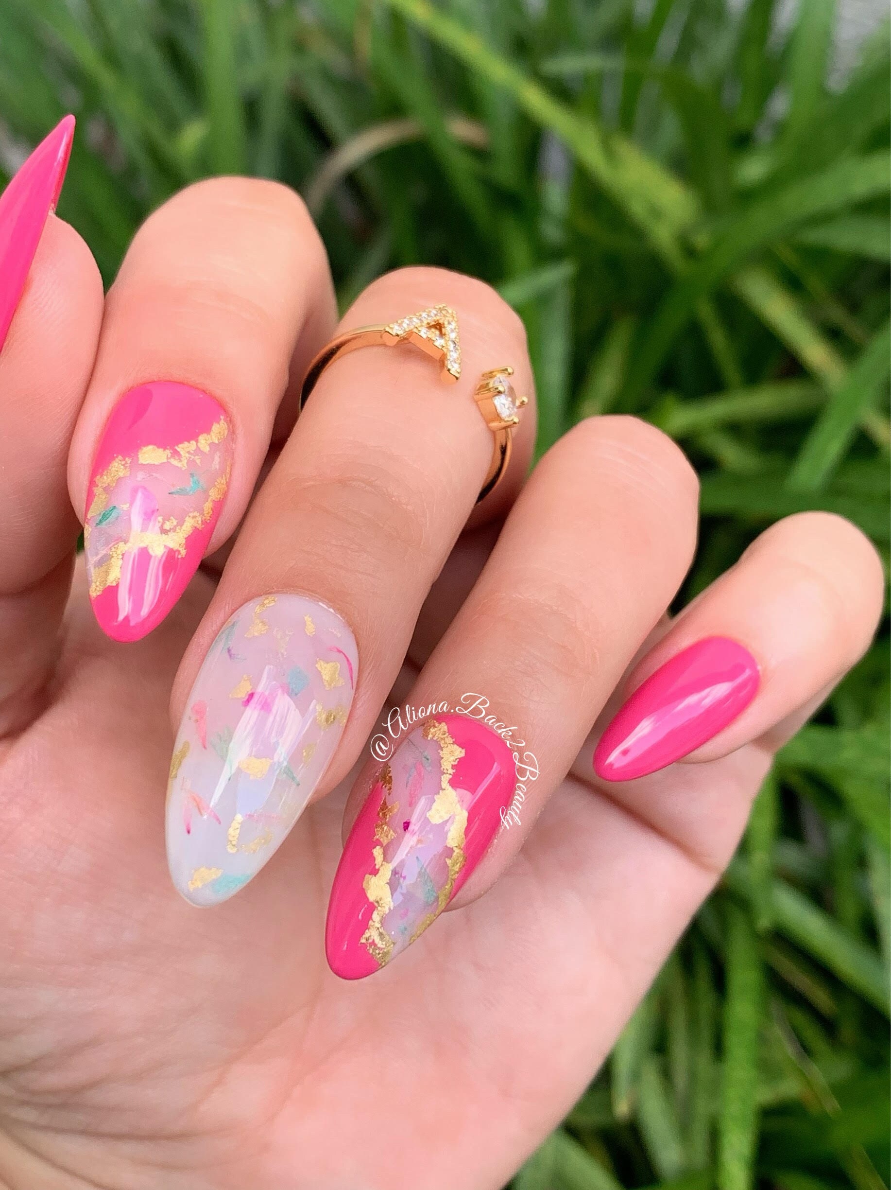 Reusable Pressed Real Dried Flowers Nails/ Pink and Milky White Nails with Gold and Floral accents/ Summer Press on Nails