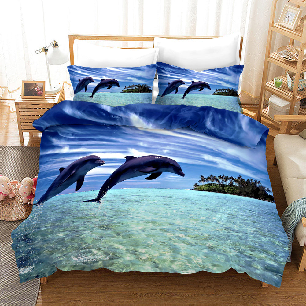 3D Purple Sky Sea Dolphin Quilt Cover Set Bedding Set Pillowcases 4