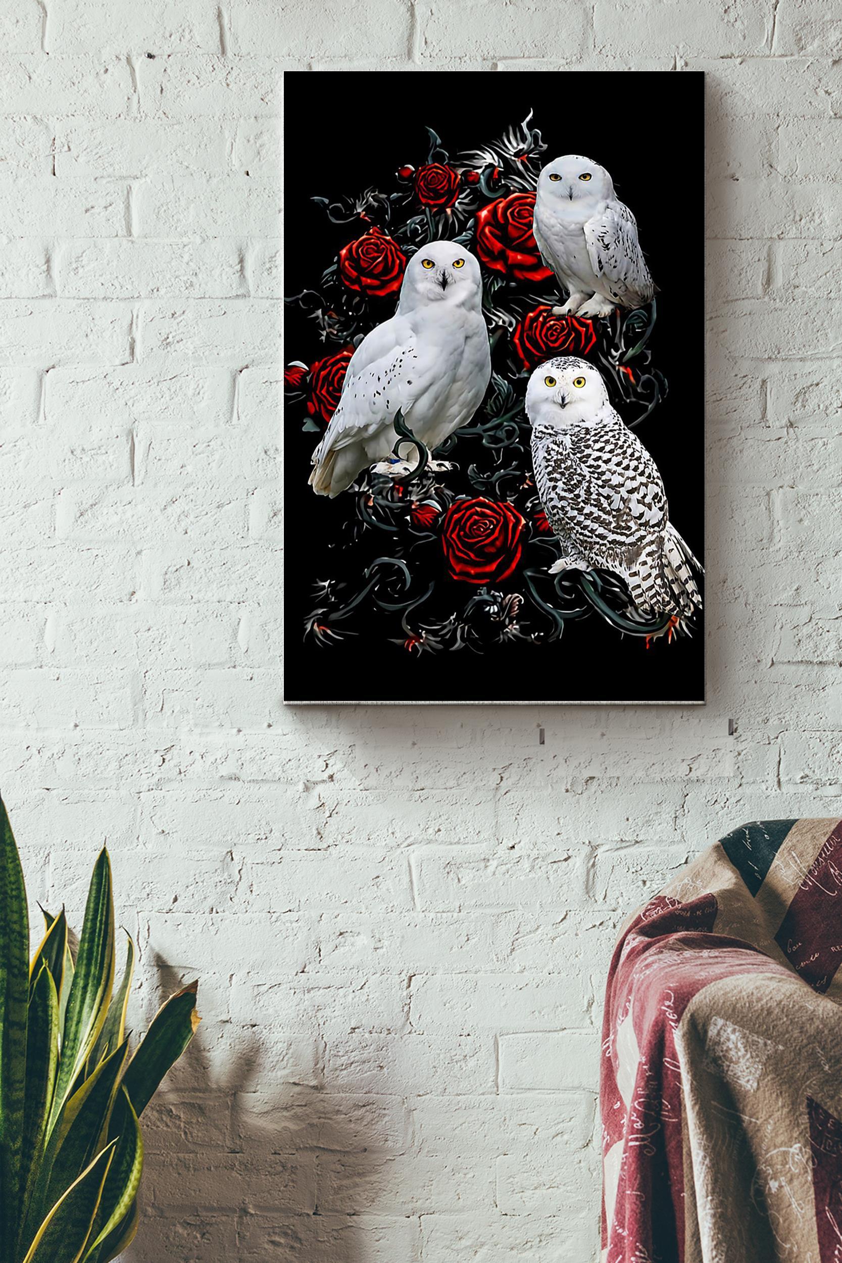 Three Snowy Owls On Rose Tree Poster – Animal Wall Art – Great Owl Painting Owl Print Gift For Animal Lover Wrapped Canvas