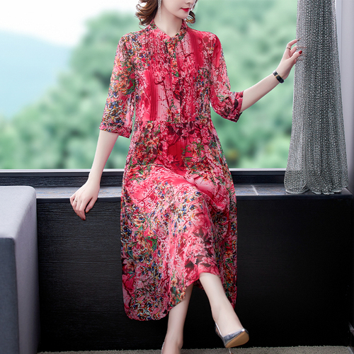 2022 Spring Summer Red Floral Natural Silk Midi Dress Korean Vintage chic Dresses Women Elegant Bodycon Party evening Vestidos alx