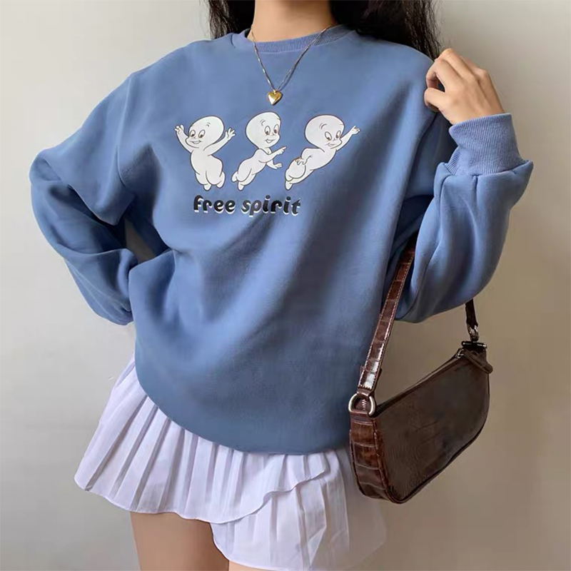 Calelinka Free Spirit Cartoon Print Female Cute Pullover Autumn Thick Warm Long Sleeve Tops Plus Size Loose Haze Blue Sweaters alx