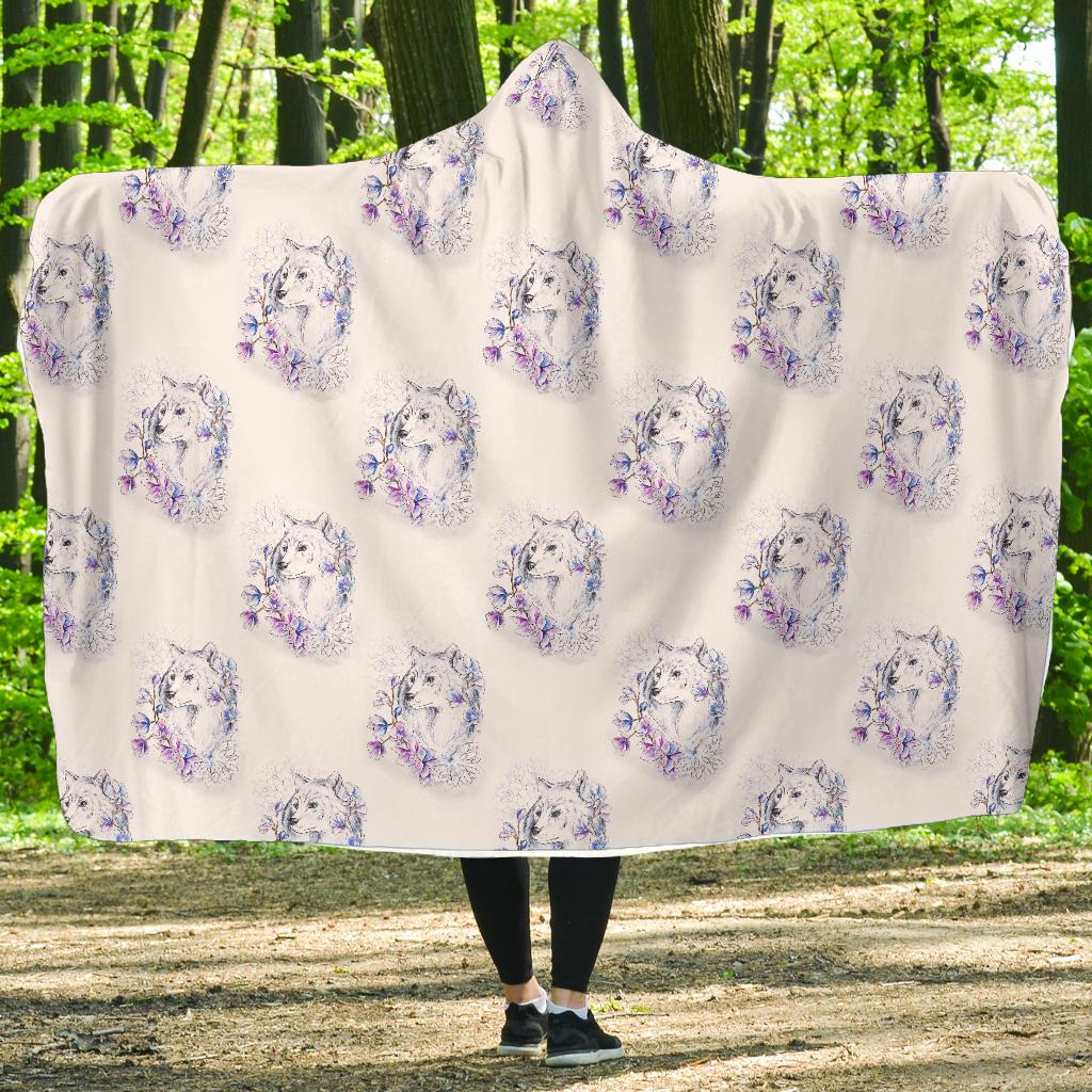 Wolf With Flower Print Design Hooded Blanket