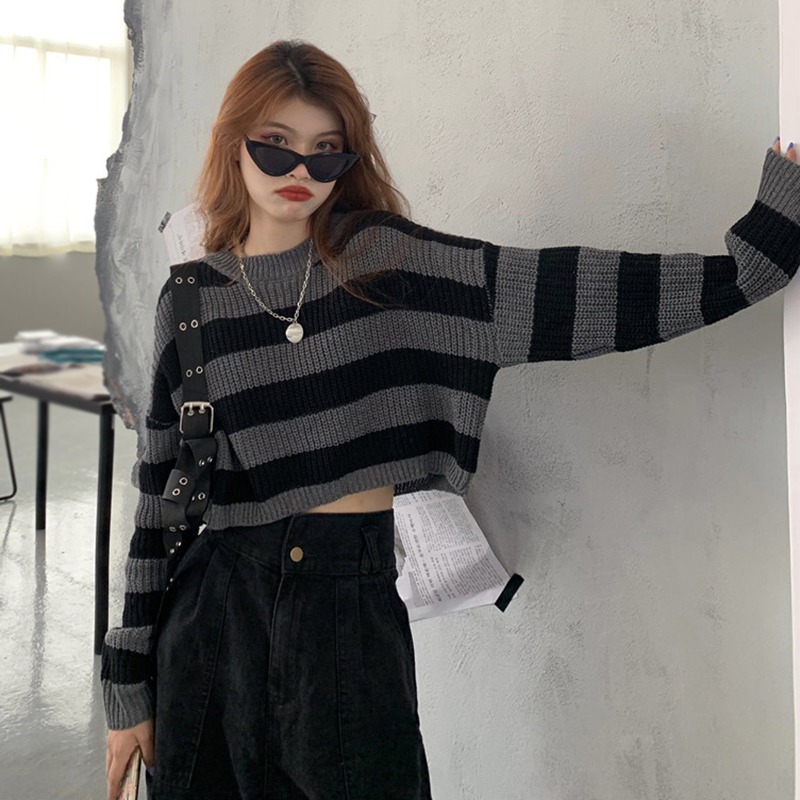 Women Y2K Cropped Sweater Sexy Tops Black White Striped Pullover Knitted Sweater Women Korean Jumper Wholesale alx