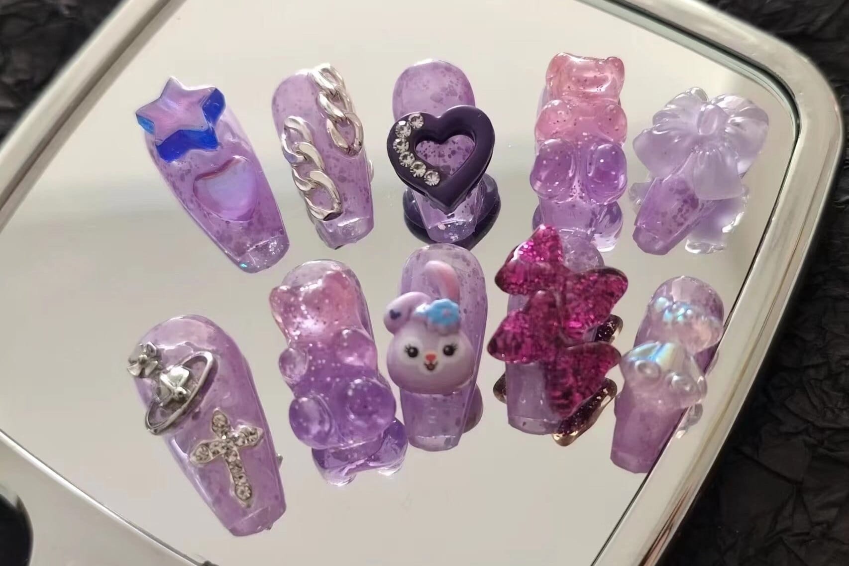 Purple Bunny Glitter Press On Nails/Pink Bear Handmade Y2K Fake Nails/Nintendo/Y2K Nails Kawaii Nails/Cute Japanese Nails #29