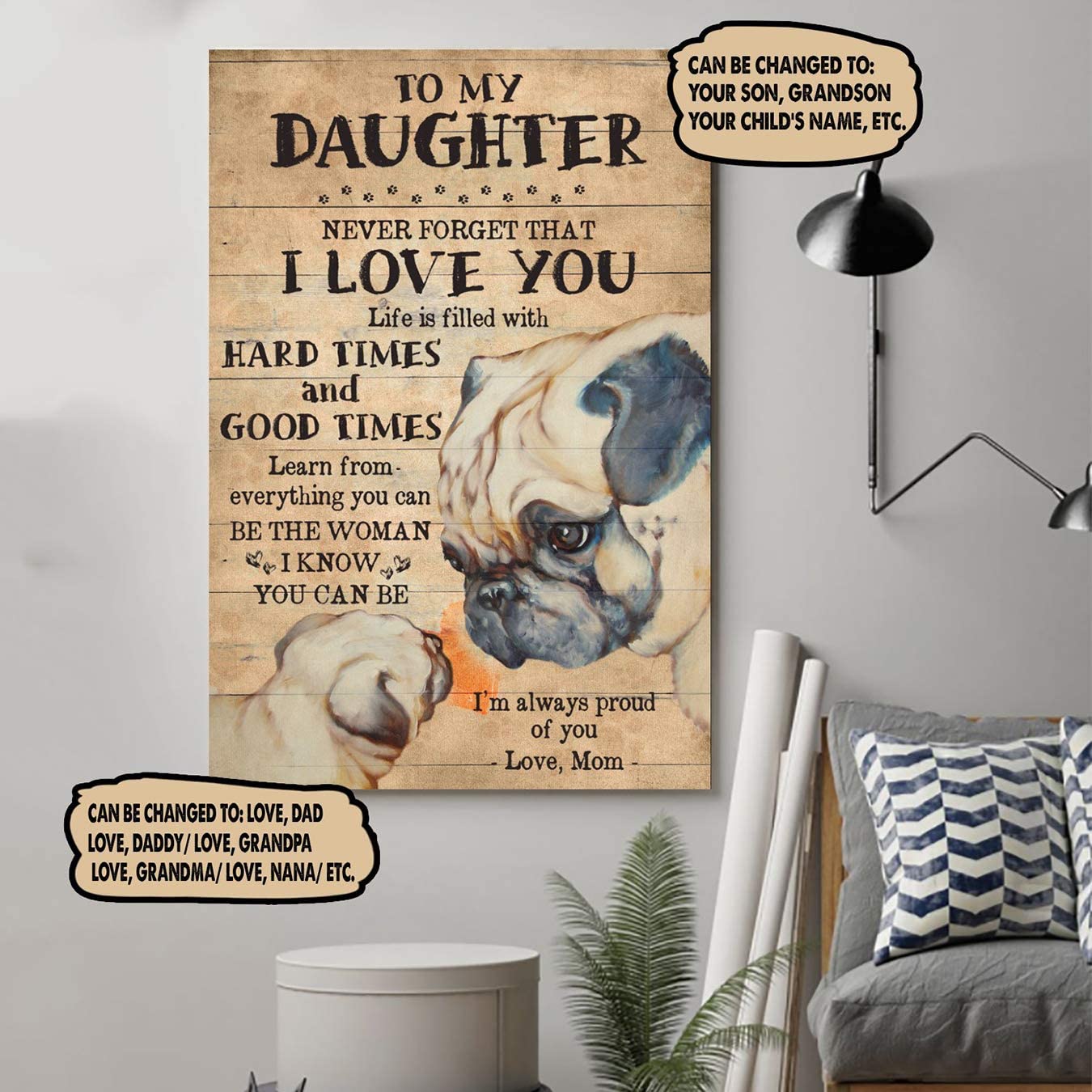 Poster for Room Aesthetic -Command Strips Wall Decor – Dn45 Customizable Pug Poster – Mom to Daughter – Never Forget That I Love You