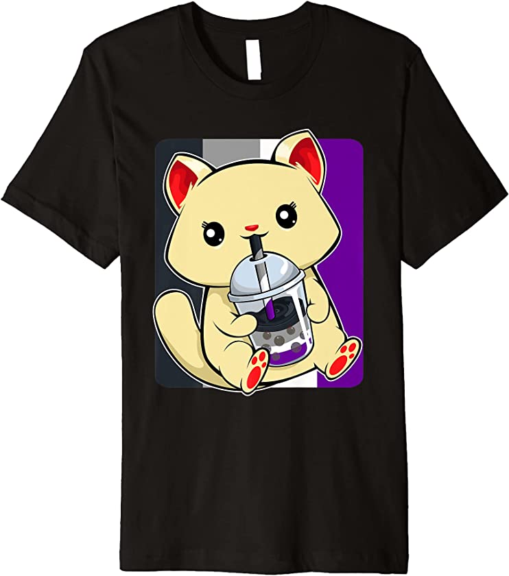 Asexual Cat Drinking Boba LGBT-Q Kitten Asexuality Ace Pride Premium T-Shirt