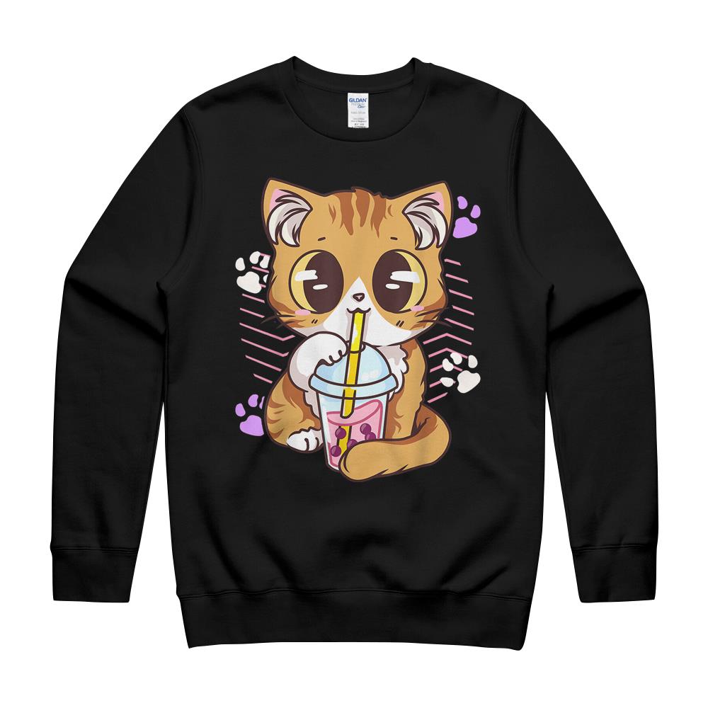 Cute Kawaii Cat Boba Bubble Milk Tea Anime Neko Kitten T-Shirt Crewneck Sweatshirt