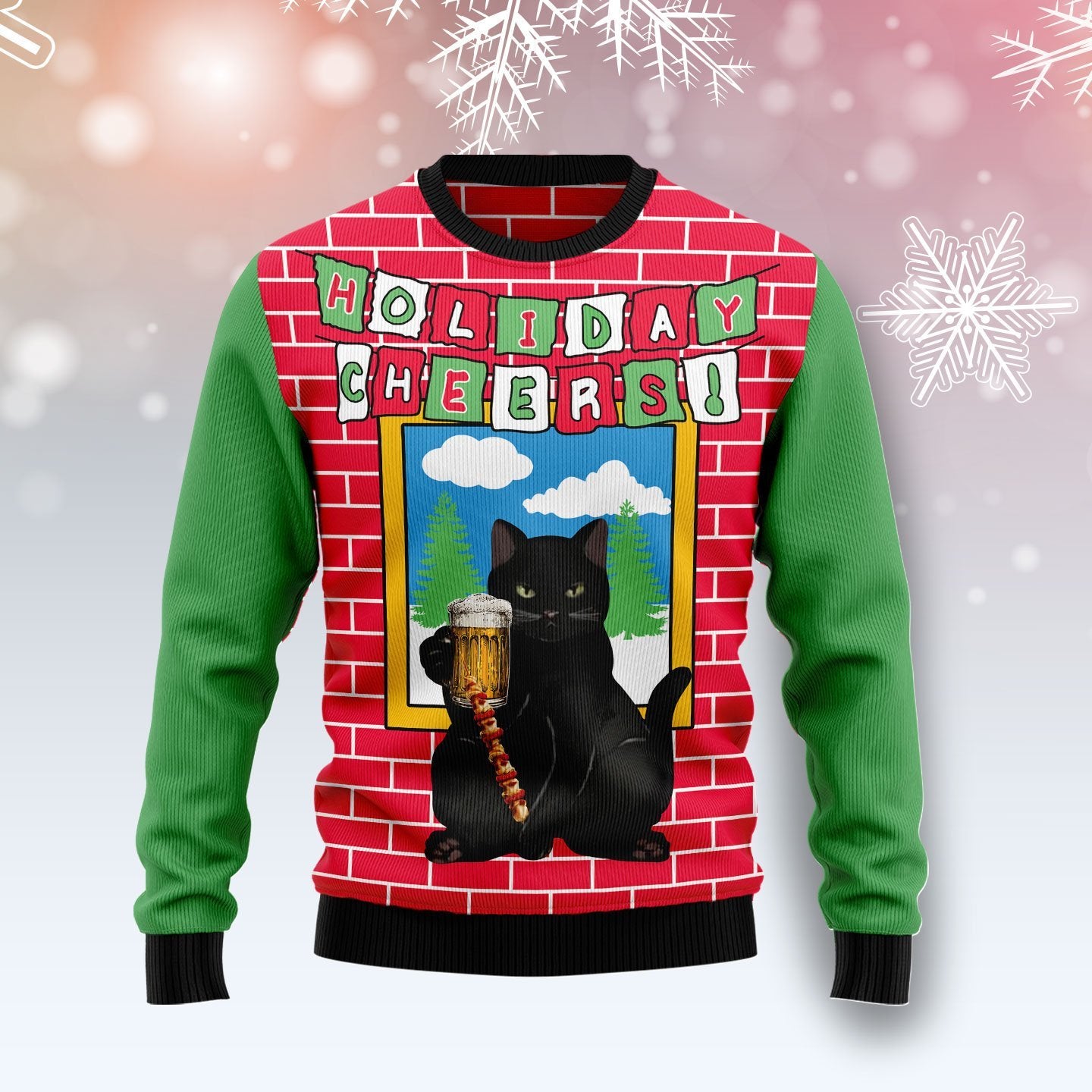 Holiday Cheer Black Cat Beer Ugly Christmas Sweater | For Men & Women | Adult | Us5947