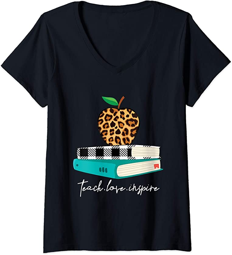 Womens Teach Love Inspire Leopard Print Apple Teacher Funny Gift V-Neck T-Shirt