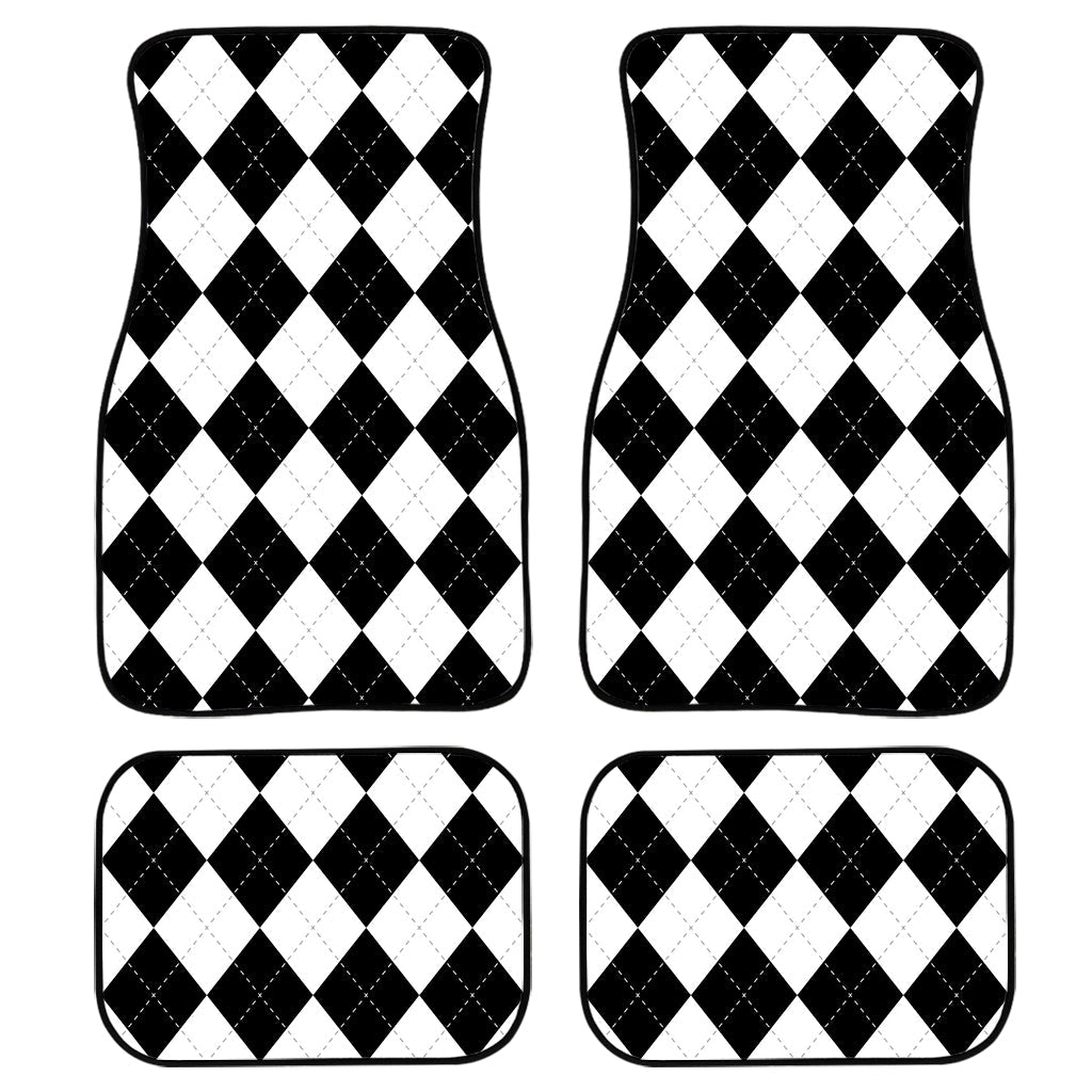 White And Black Argyle Pattern Print Front And Back Car Floor Mats, Front Car Mat