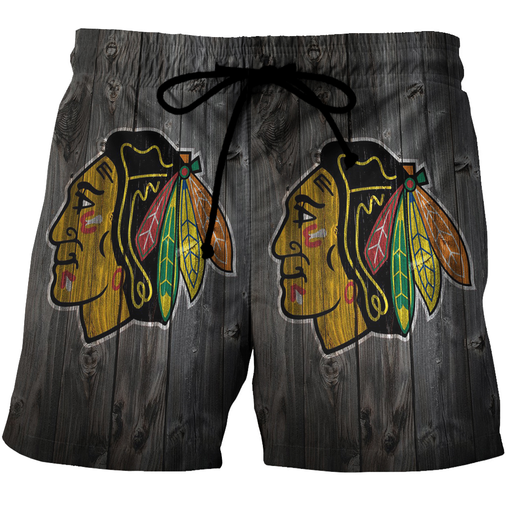 Chicago Blackhawks Emblem Wood 3D All Over Print Summer Beach Hawaiian Short