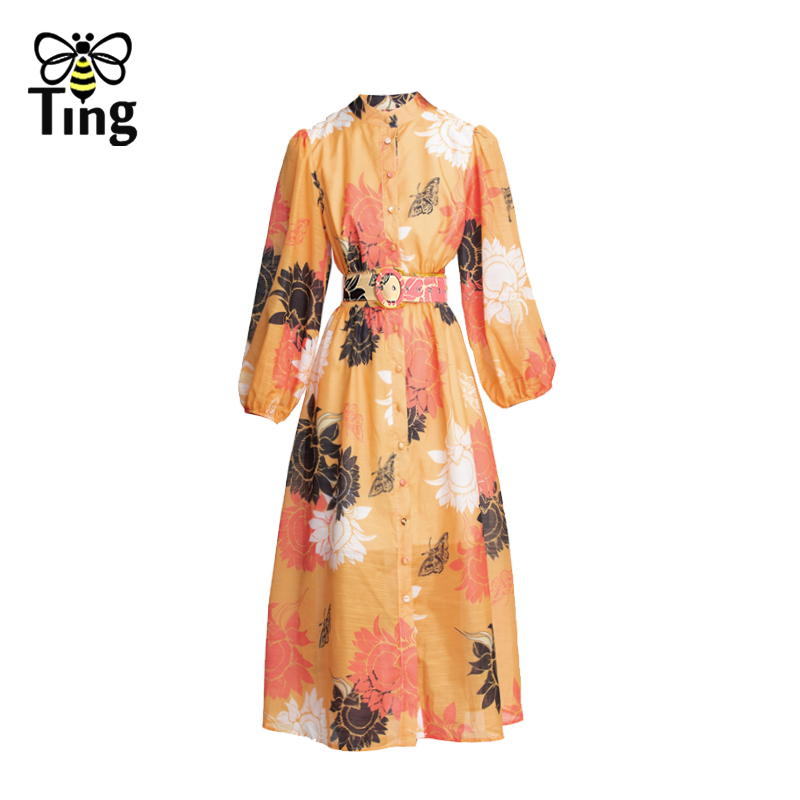 Tingfly Women Vintage Floral Printing Single Breasted Midi A Line Dress with Belt Chic Stand Collar Lantern Sleeve Street Elbise alx