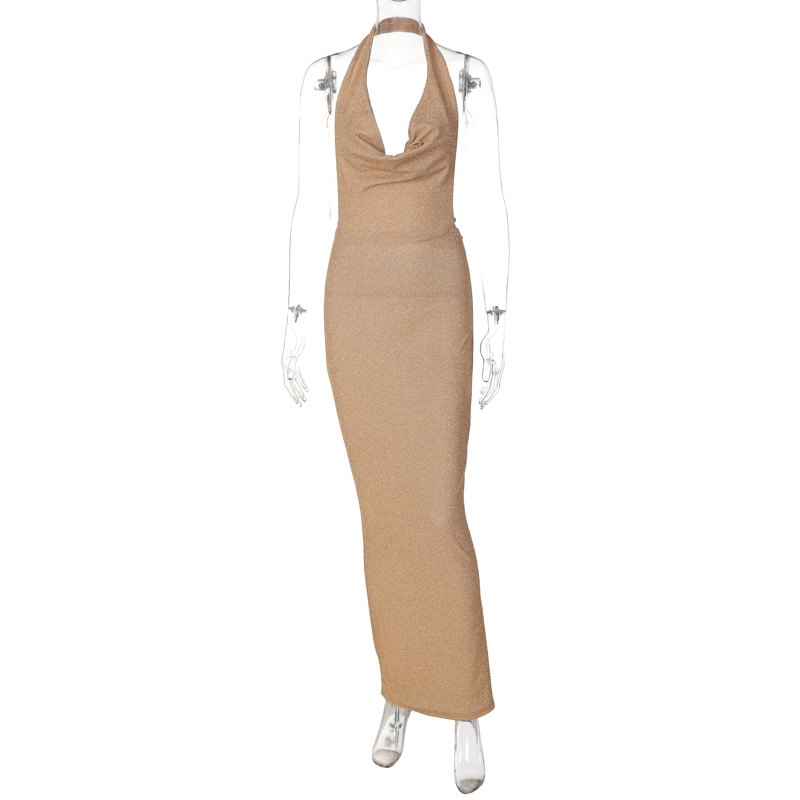 Elegant Gold Sequin Long Party Dresses For Women 2022 V-Neck Halter Backless Maxi Dress Sexy Glitter Bodycon Dress alx