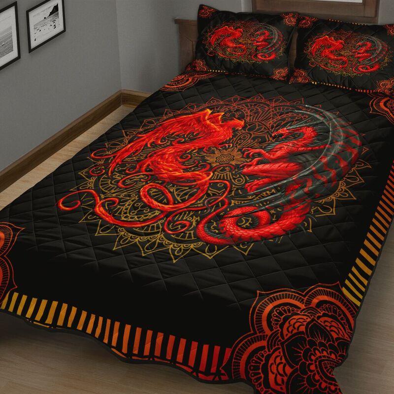 Red Mandala Dragon Quilt Bedding Set KT