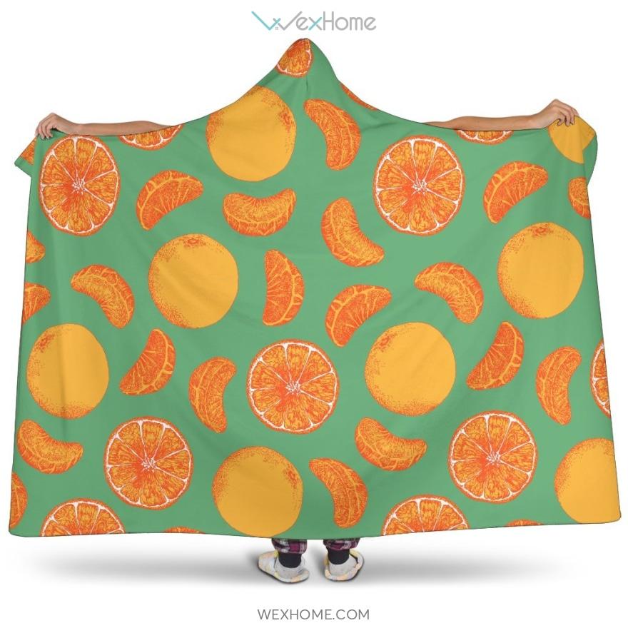 Orange Fruit Pattern Green Background Hooded Blanket