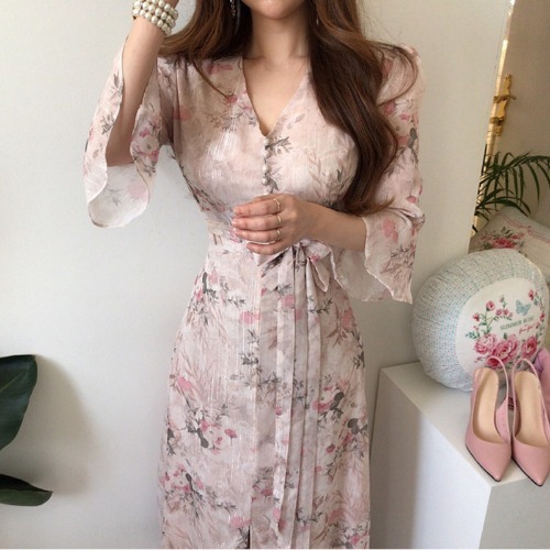 Kimotimo Elegant Print Dress Women Korean Summer V Neck Flare Sleeve Waist Long Dress Temperament Thin Super Fairy 2021 Femme alx