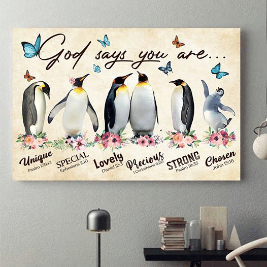 Penguin God Says You Are Unique Special Lovely Precious Strong Chosen Forgiven Home Living Room Wall Decor Horizontal Poster Canvas