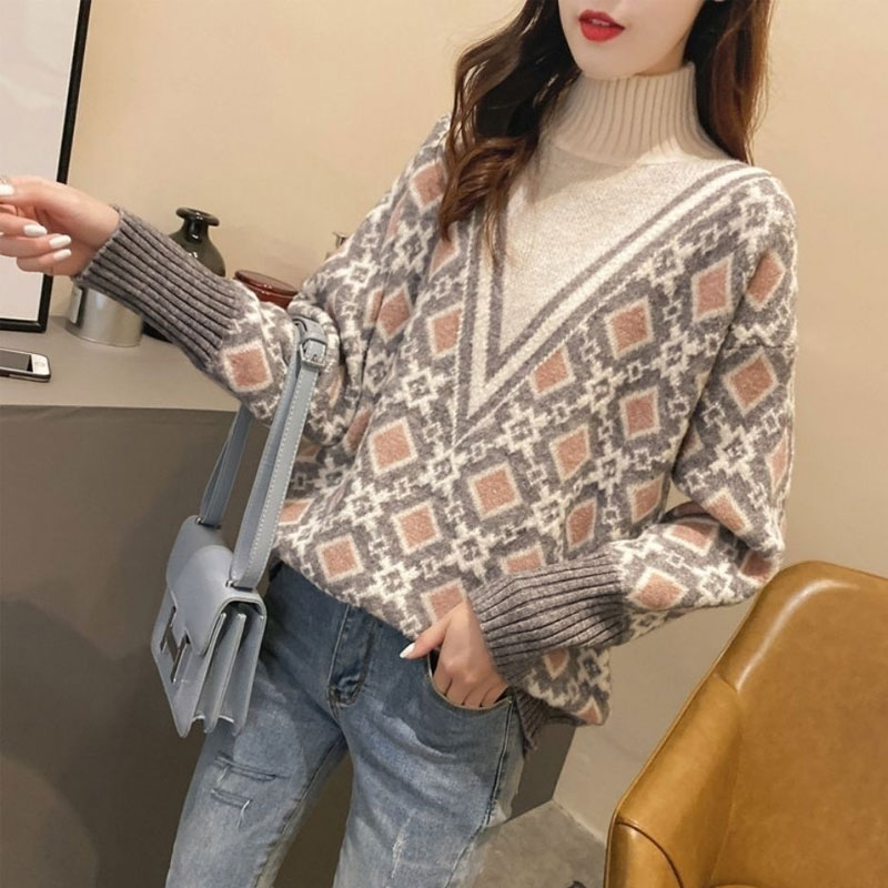 Autumn Winter Korean Female Geometric Jacquard Sweaters Vintage Fashion Patchwork Turtleneck Knitted Jumpers Women’s Clothing alx