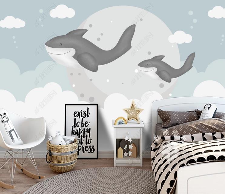 3D Modern Hand-Painted Cartoon Sky Dolphin Wall Mural Wallpaper Sww1393