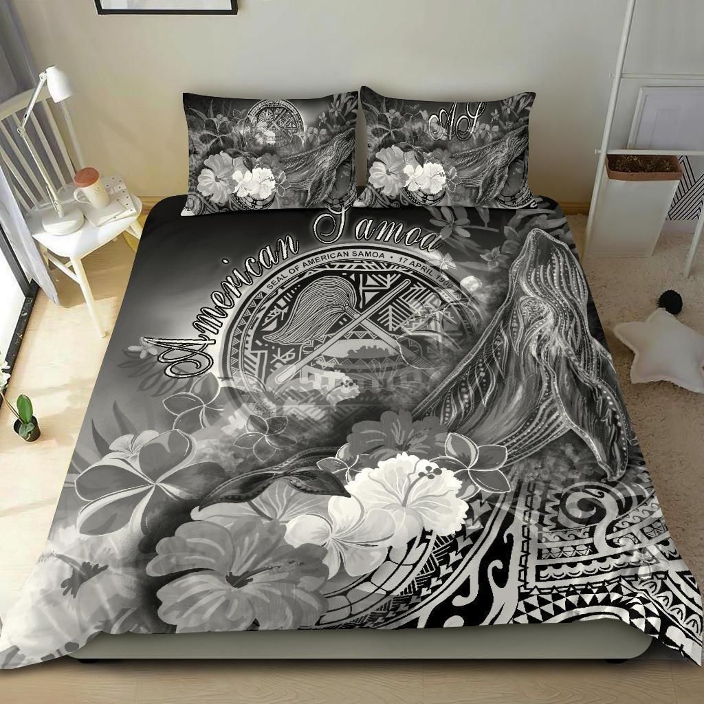 Alohawaii Bedding Set – Cover And Pillow Cases American Samoa Polynesian – Humpback Whale With Tropical Flowers (White)- Bn18