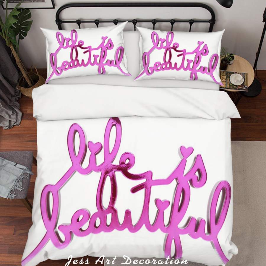 3D  Letter Life Is Beautiful Hard Candy Magenta Quilt Cover Set Bedding Set Duvet Cover Pillowcases  ZY D93