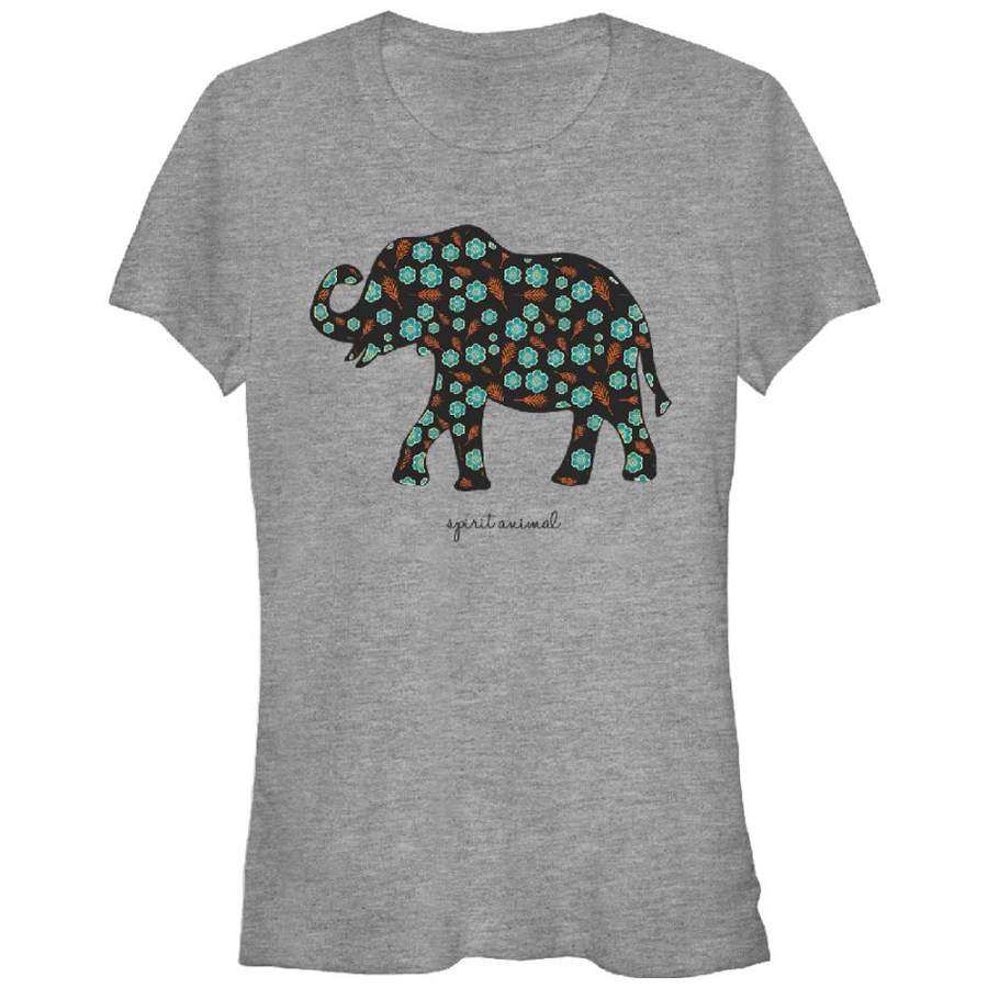 Lost Gods Junior’s Floral Print Elephant Spirit Animal  T Shirt Athletic Heather