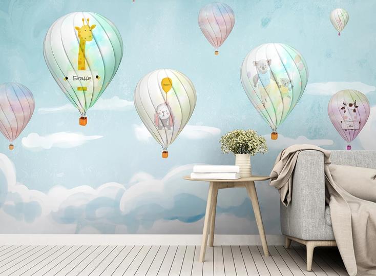 3D Cartoon Sky Hot Air Balloon Animal Wall Mural Wallpaper Lqh 305