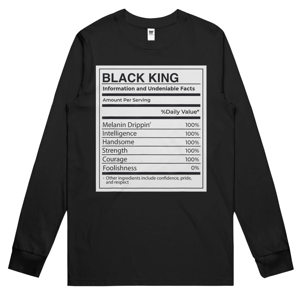 Nutritional Facts Shirt, Nutritional Facts Long Sleeve T Shirts, Black King Nutrition Facts Shirt, Black King Nutritional Information Facts Melanin Meme Long Sleeve T Shirts