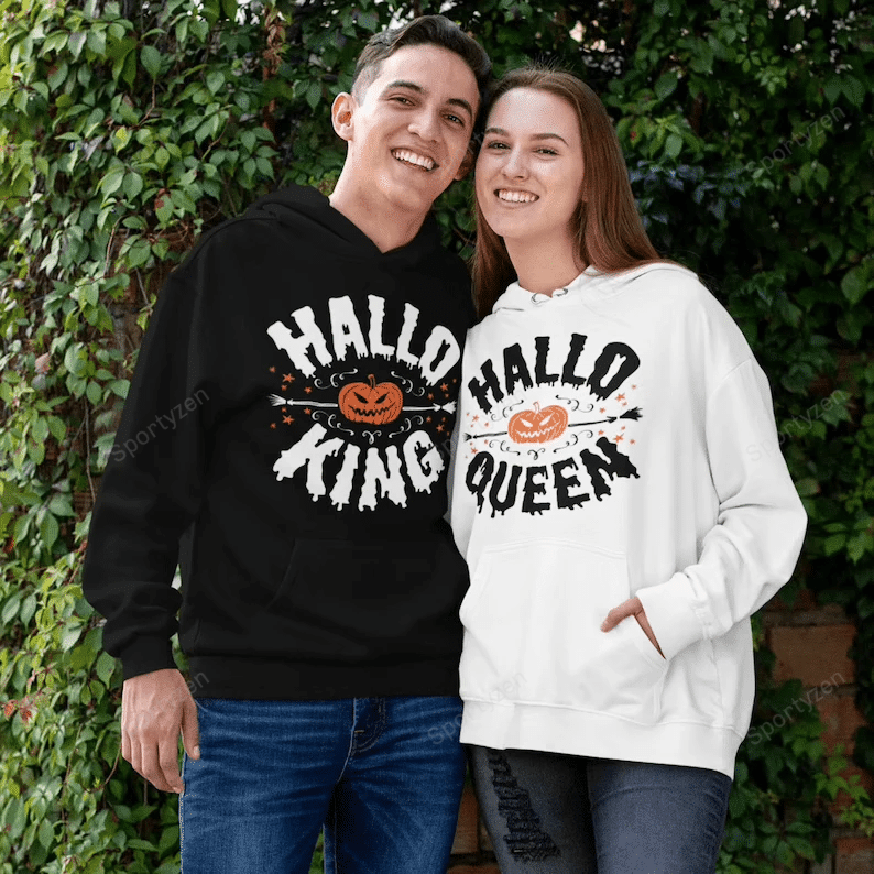 Hallo Queen – Hallo King Halloween Couple Hoodie