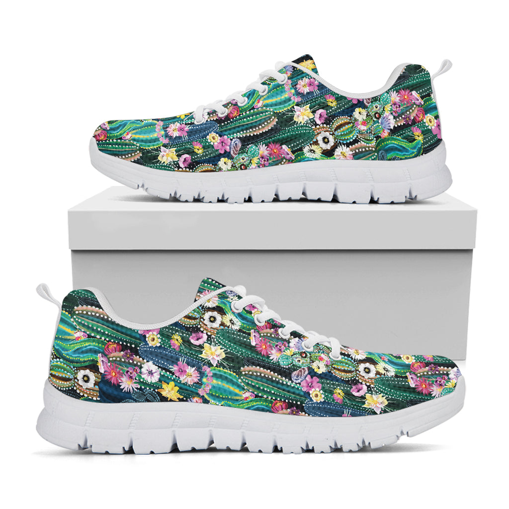 Watercolor Blooming Cactus Print White Sneakers