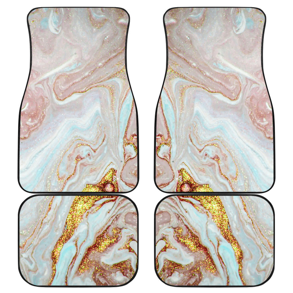 Pink Gold Liquid Marble Print Front And Back Car Floor Mats, Front Car Mat