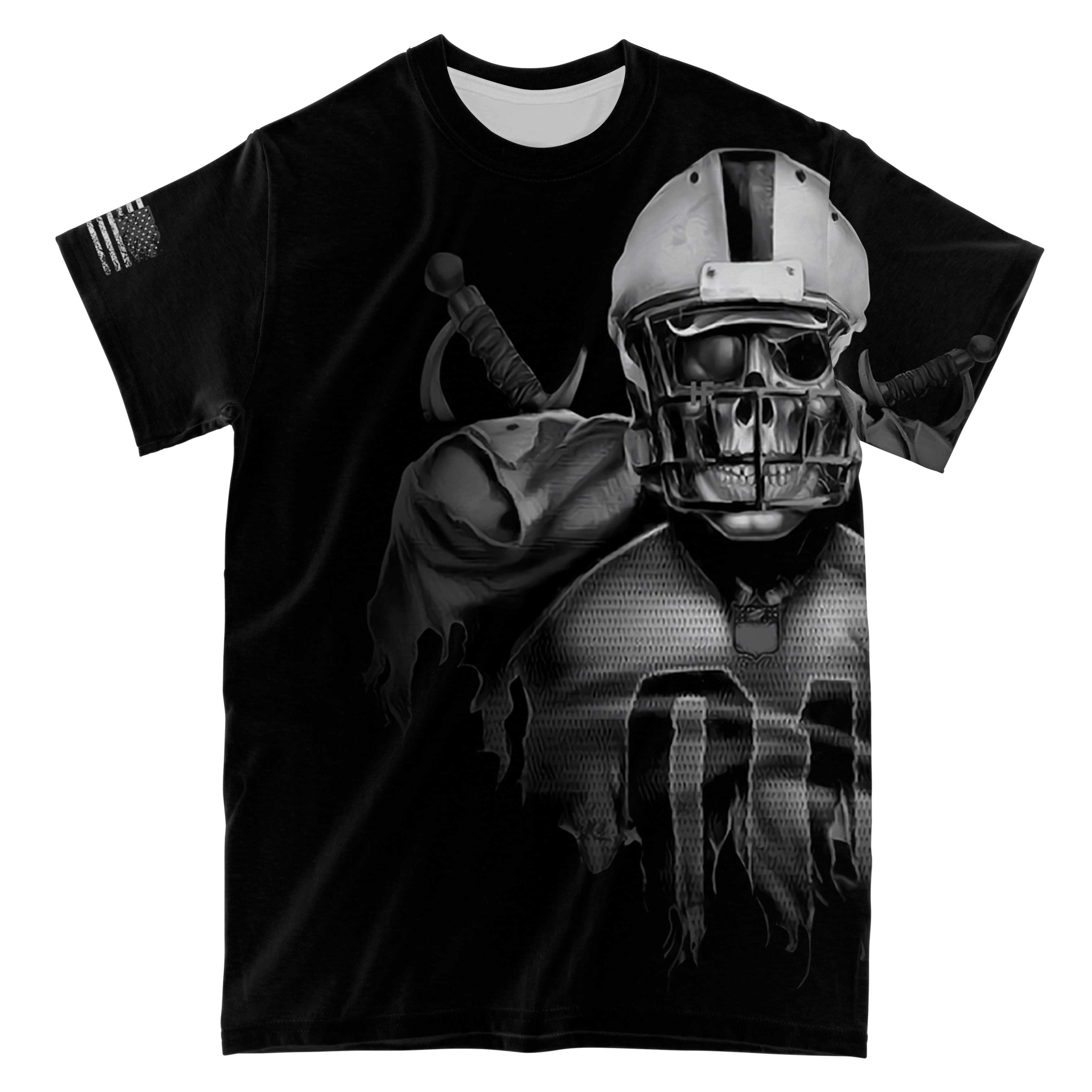 Lineman All Over Print T-Shirt, Black Skull Football T-Shirt Design, Cool Gift Idea For Football Lovers