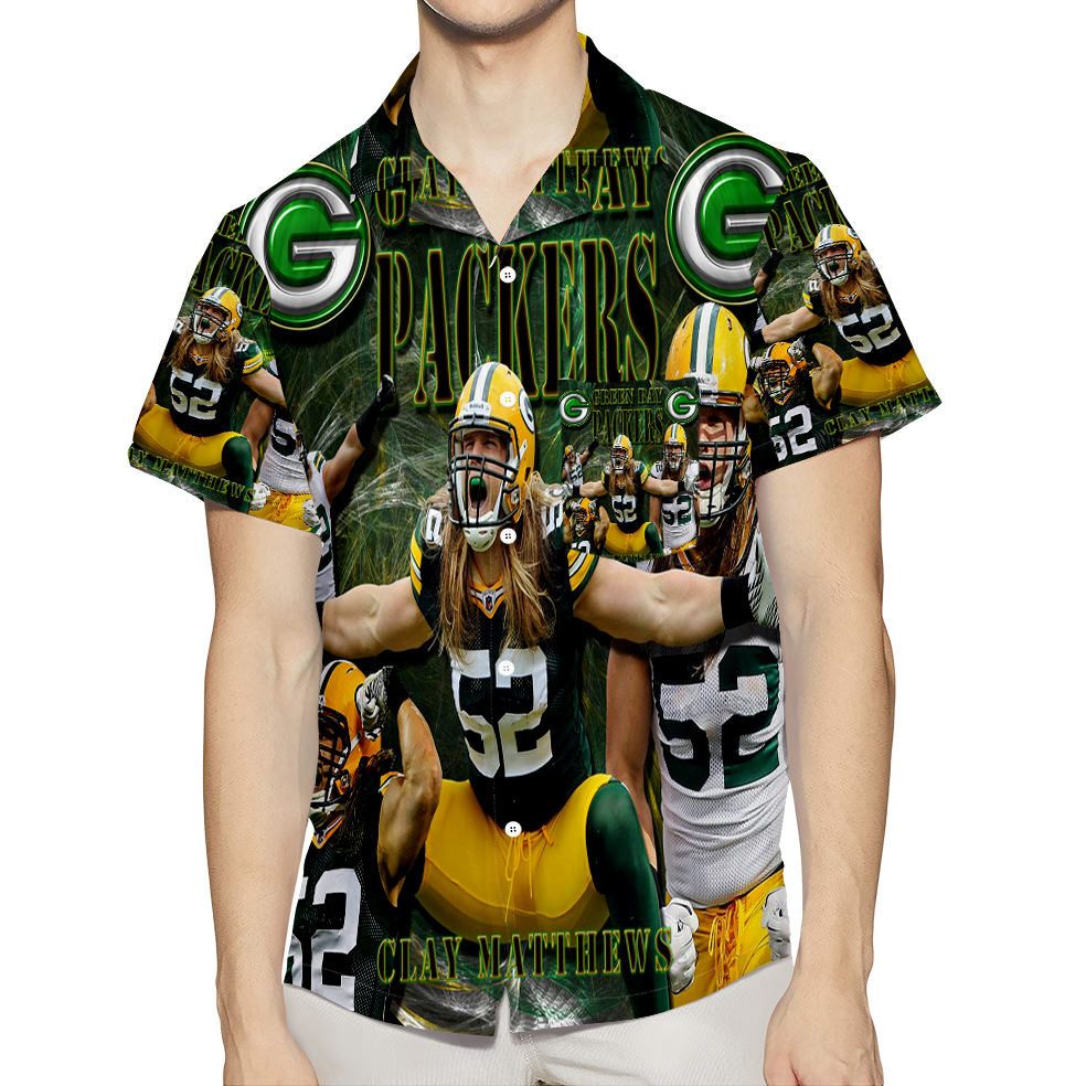 Green Bay Packers Clay Matthews No52 V2 3D All Over Print Summer Beach Hawaiian Shirt With Pocket