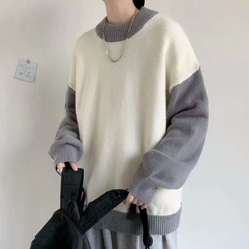 2022 Winter Men’s Color Stitching Wool Sweaters Fashion Trendy Coats Round Neck Knitting Loose Retro In Warm Pullover Size M-2XL alx