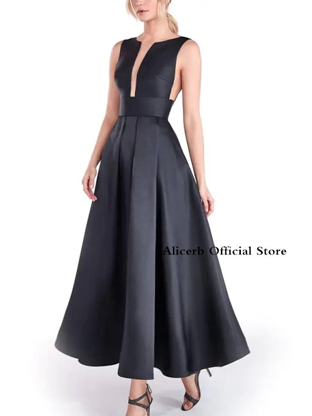 A-Line Minimalist Elegant Engagement Formal Evening Dress Jewel Neck Sleeveless Ankle Length Stretch Satin Robe Soiree 2022 alx