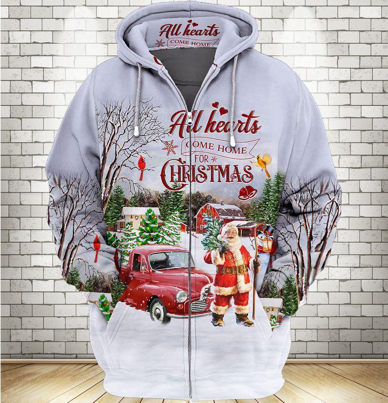 Santa Claus All Hearts Come Home For Christmas 3D Zipper Hoodie