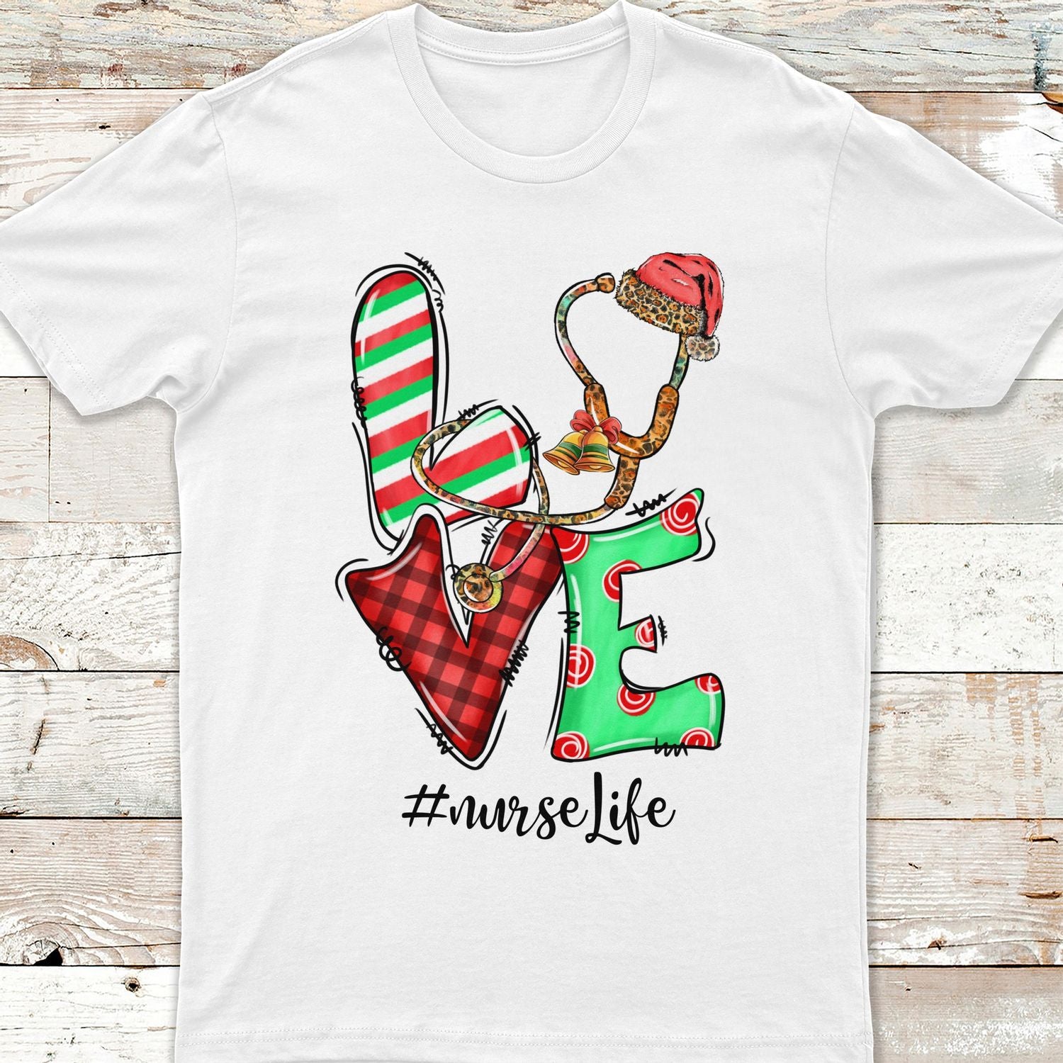 Personalized T-Shirt For Nurse Love Hashtag Nurse Life Stethoscope Candy Cane & Santa Hat Printed