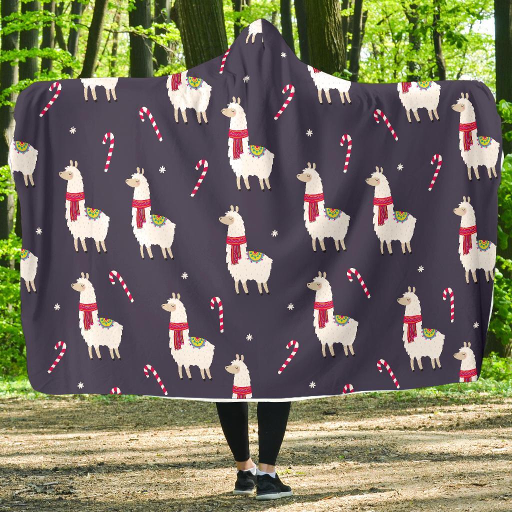 Llama With Candy Cane Themed Print Hooded Blanket